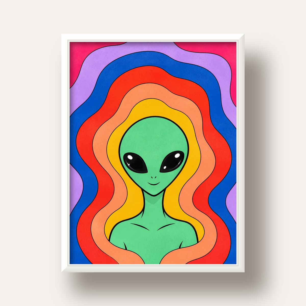 Renkli Uzaylı Portresi Dijital Poster – Modern Pop Art Tasarım — beyaz derin çerçeveli
