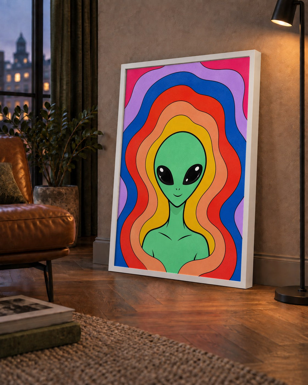 Renkli Uzaylı Portresi Dijital Poster – Modern Pop Art Tasarım — çerçeveli hâliyle bir ev duvarında