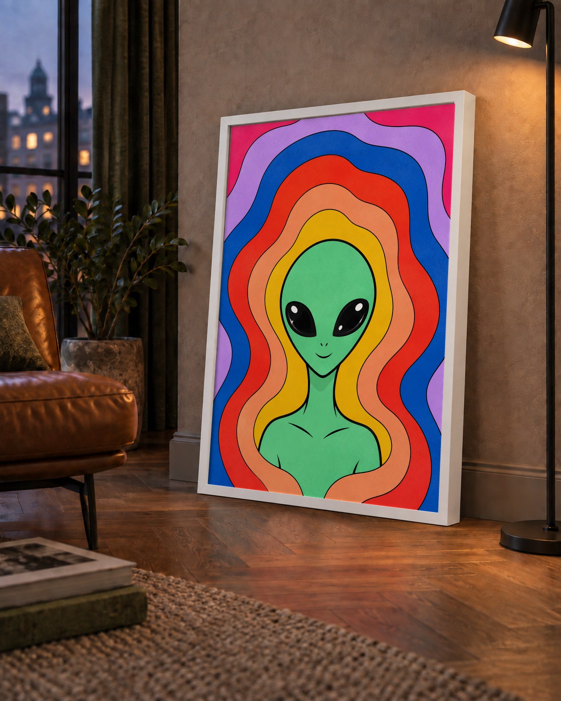 Renkli Uzaylı Portresi Dijital Poster – Modern Pop Art Tasarım — çerçeveli hâliyle bir ev duvarında