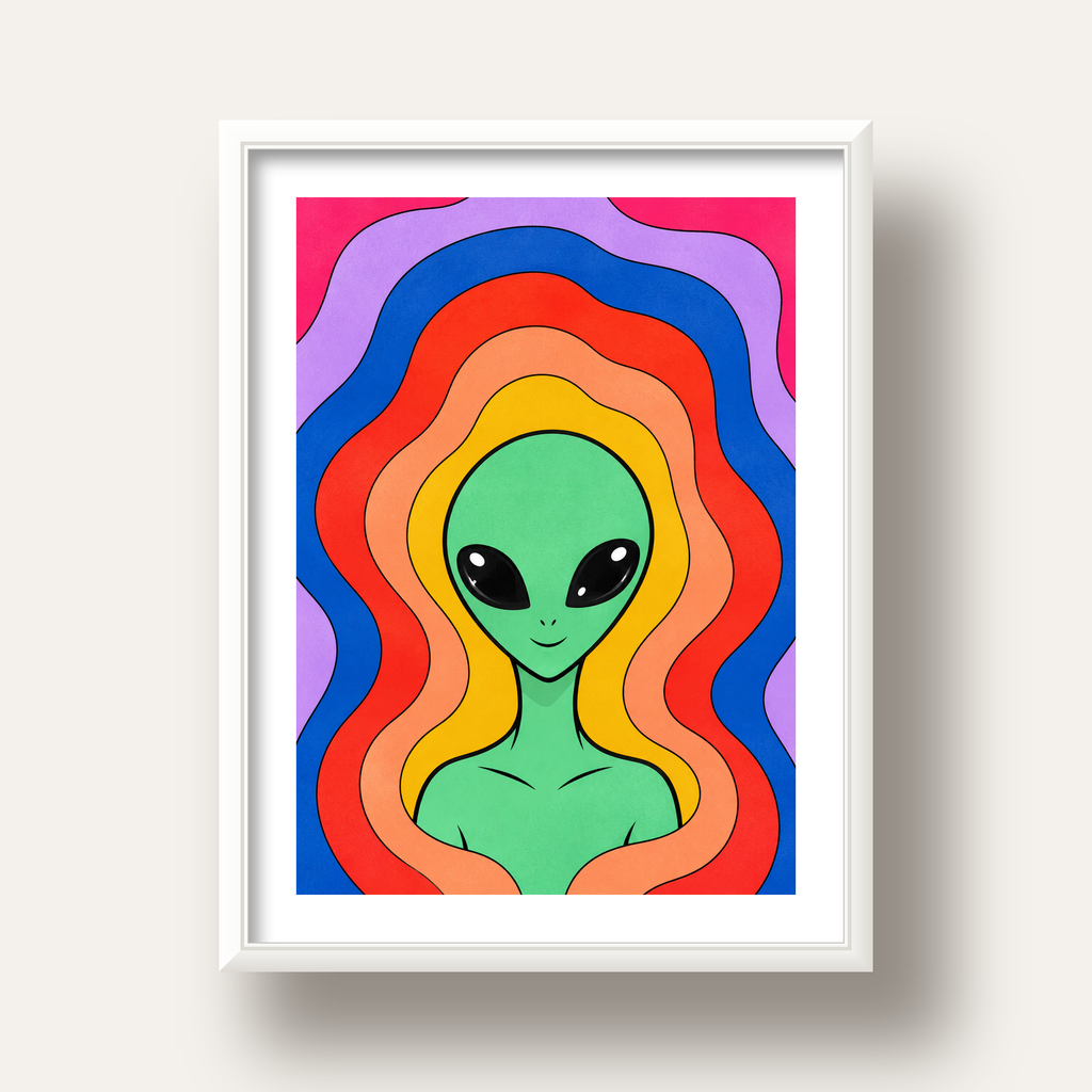 Renkli Uzaylı Portresi Dijital Poster – Modern Pop Art Tasarım — beyaz derin çerçeveli paspartulu