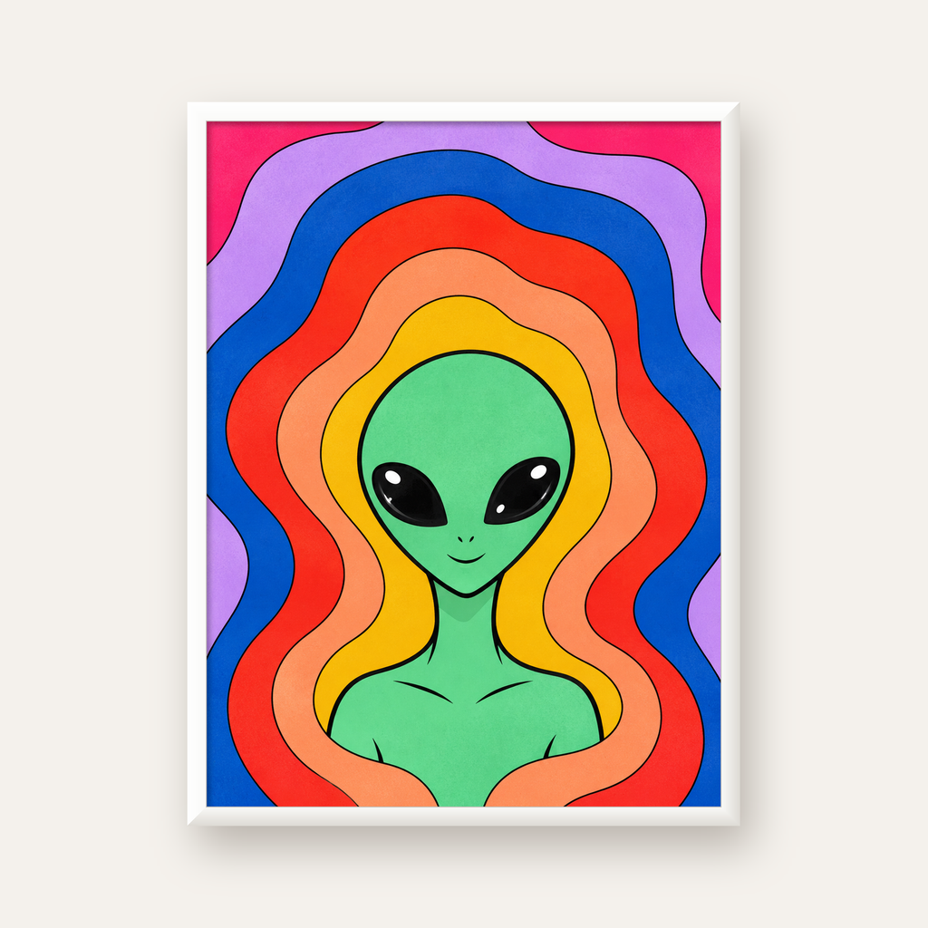 Renkli Uzaylı Portresi Dijital Poster – Modern Pop Art Tasarım — beyaz çerçeveli dikey poster