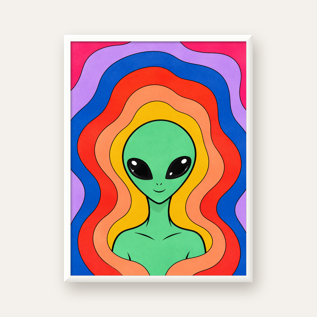 Renkli Uzaylı Portresi Dijital Poster – Modern Pop Art Tasarım — beyaz çerçeveli dikey poster
