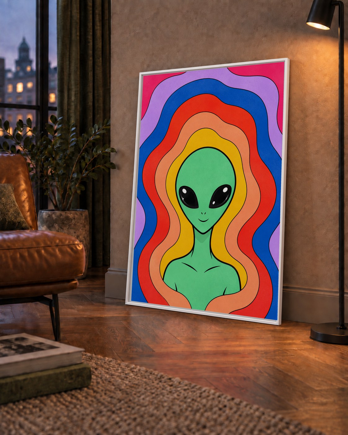 Renkli Uzaylı Portresi Dijital Poster – Modern Pop Art Tasarım — çerçeveli hâliyle bir ev duvarında