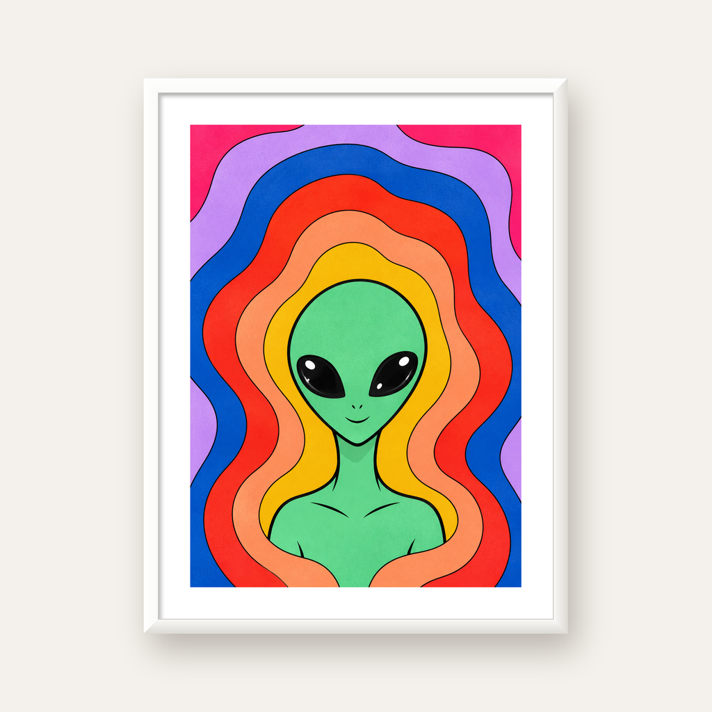 Renkli Uzaylı Portresi Dijital Poster – Modern Pop Art Tasarım — beyaz çerçeveli dikey poster