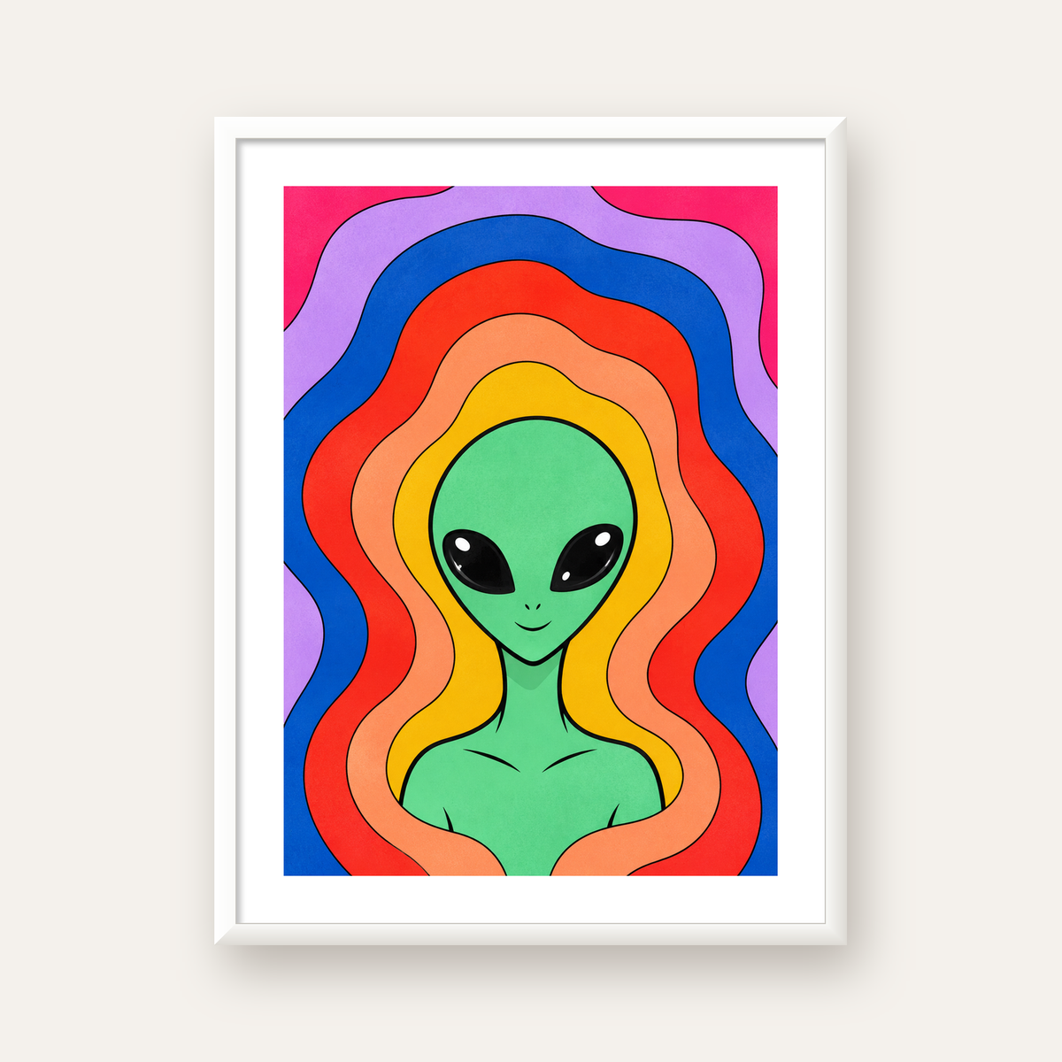 Renkli Uzaylı Portresi Dijital Poster – Modern Pop Art Tasarım — beyaz çerçeveli dikey poster
