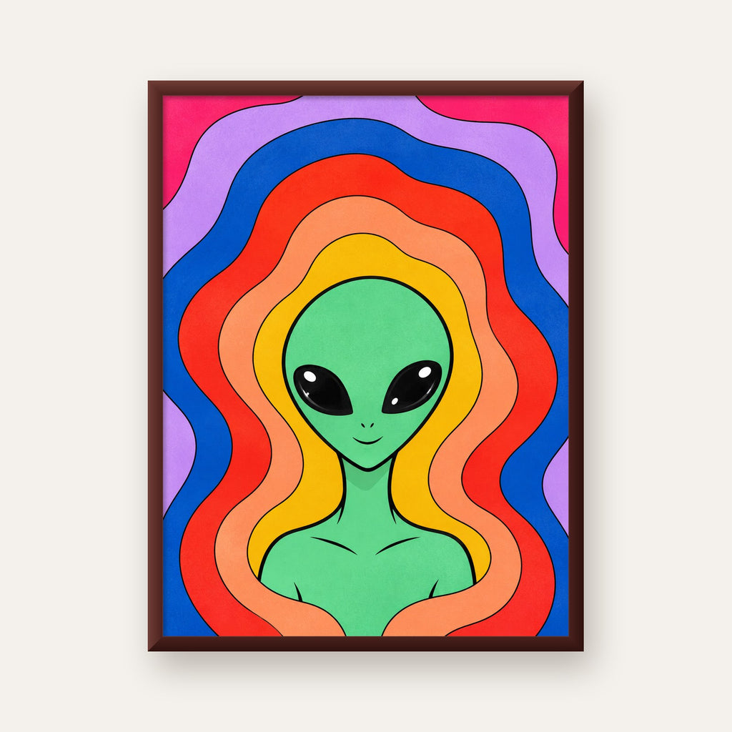 Renkli Uzaylı Portresi Dijital Poster – Modern Pop Art Tasarım — ceviz çerçeveli