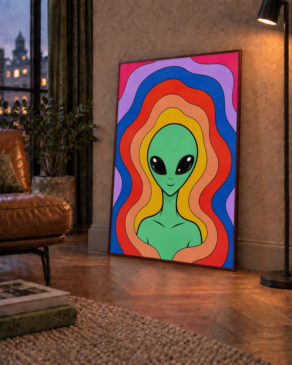 Renkli Uzaylı Portresi Dijital Poster – Modern Pop Art Tasarım — çerçeveli hâliyle bir ev duvarında