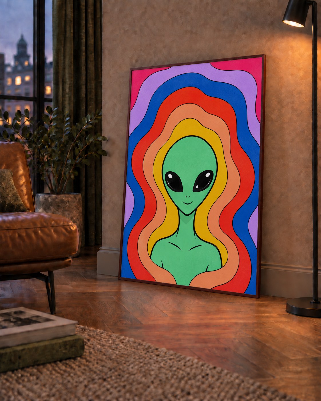 Renkli Uzaylı Portresi Dijital Poster – Modern Pop Art Tasarım — çerçeveli hâliyle bir ev duvarında