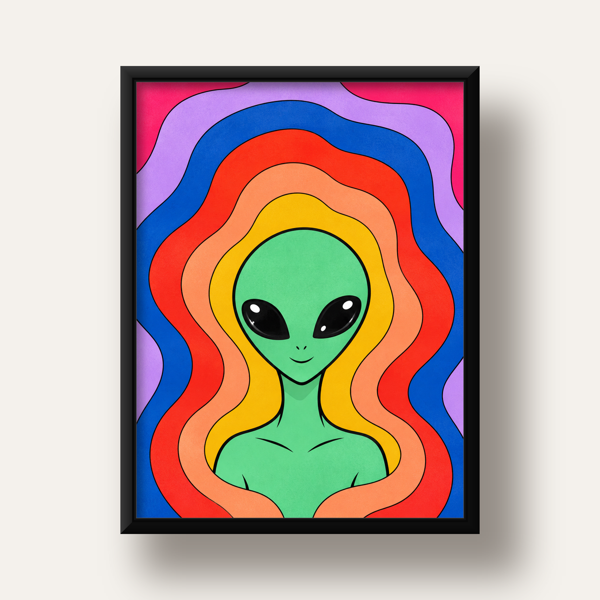 Renkli Uzaylı Portresi Dijital Poster – Modern Pop Art Tasarım — siyah derin çerçeveli