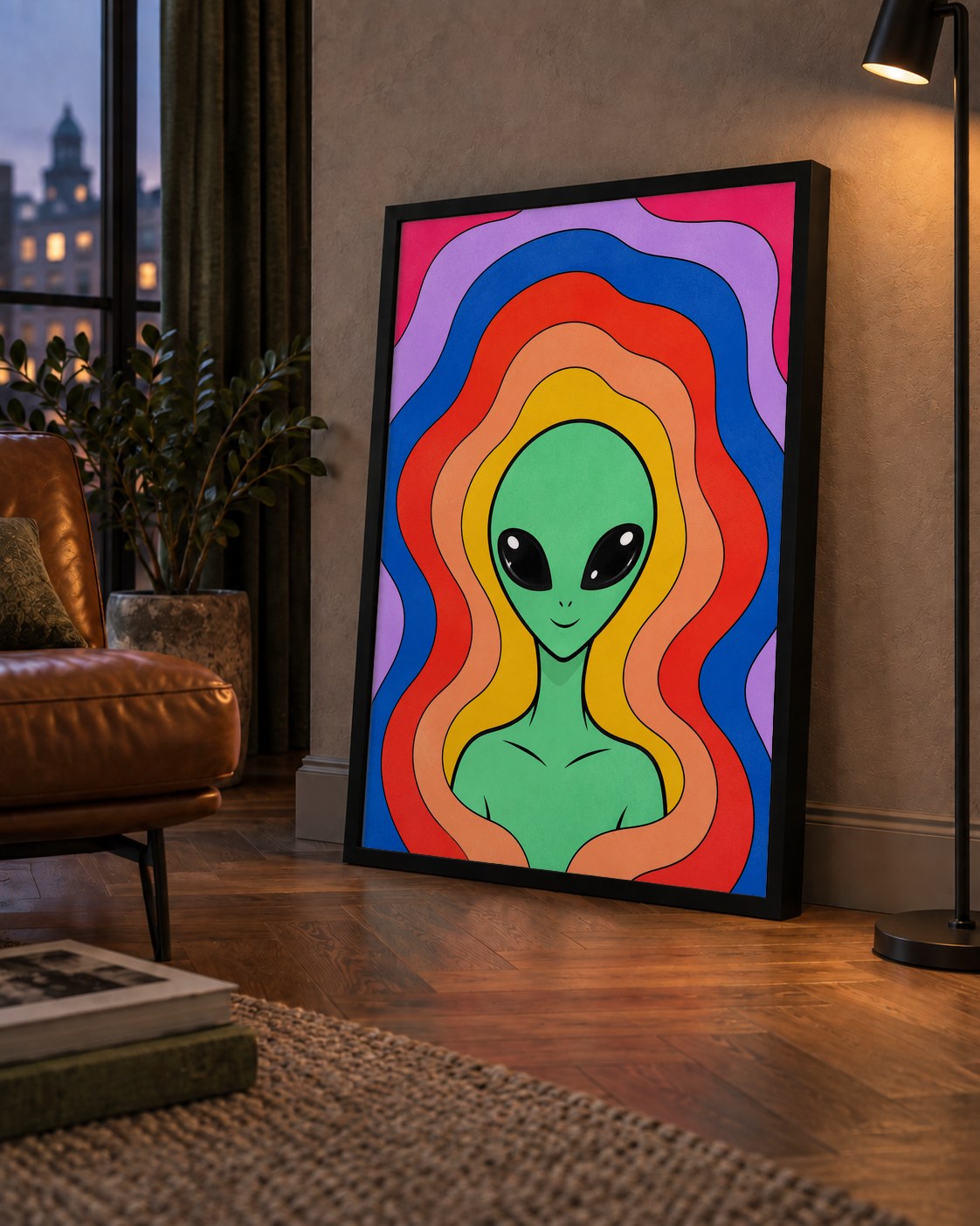 Renkli Uzaylı Portresi Dijital Poster – Modern Pop Art Tasarım — çerçeveli hâliyle bir ev duvarında