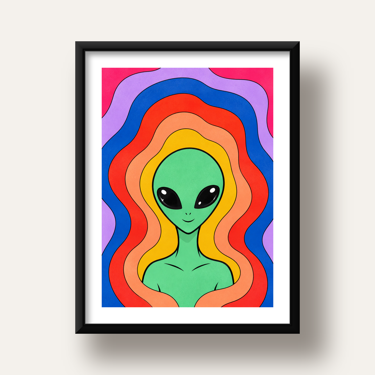 Renkli Uzaylı Portresi Dijital Poster – Modern Pop Art Tasarım — siyah derin çerçeveli paspartulu