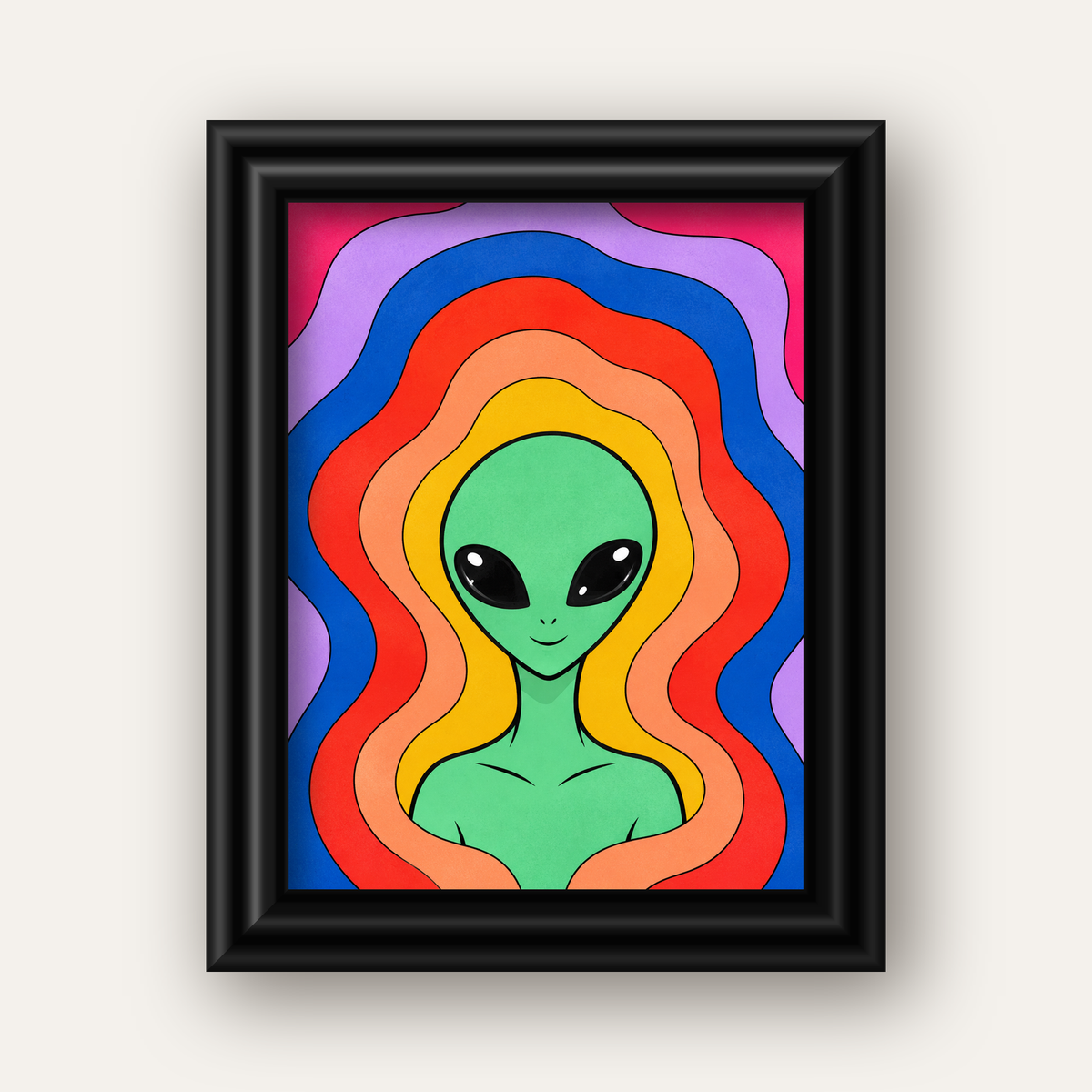Renkli Uzaylı Portresi Dijital Poster – Modern Pop Art Tasarım — siyah galeri çerçeveli
