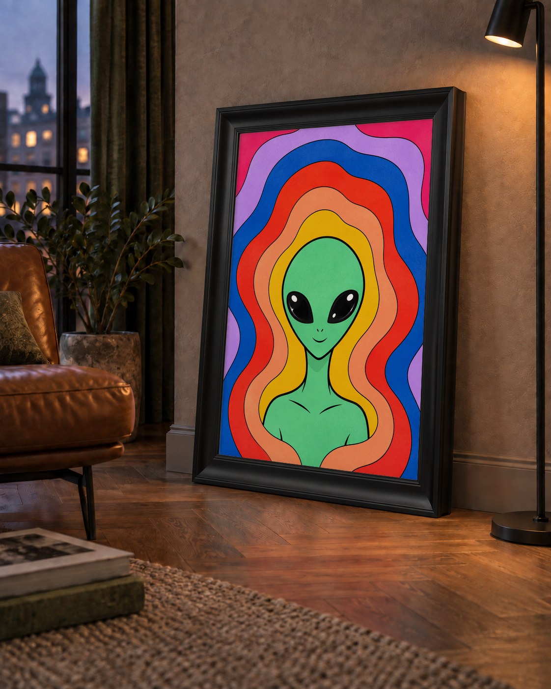 Renkli Uzaylı Portresi Dijital Poster – Modern Pop Art Tasarım — çerçeveli hâliyle bir ev duvarında
