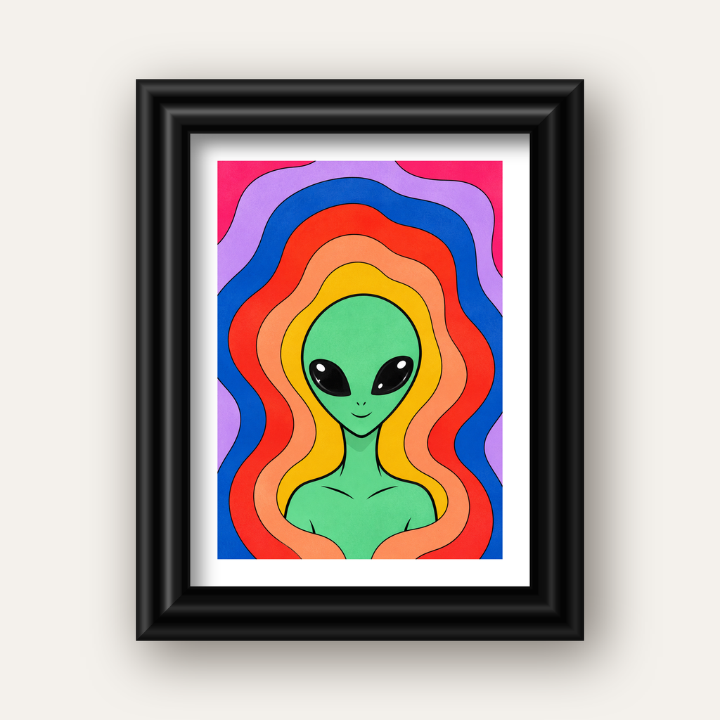 Renkli Uzaylı Portresi Dijital Poster – Modern Pop Art Tasarım — siyah galeri çerçeveli paspartulu