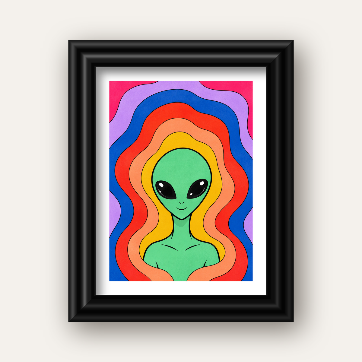 Renkli Uzaylı Portresi Dijital Poster – Modern Pop Art Tasarım — siyah galeri çerçeveli paspartulu