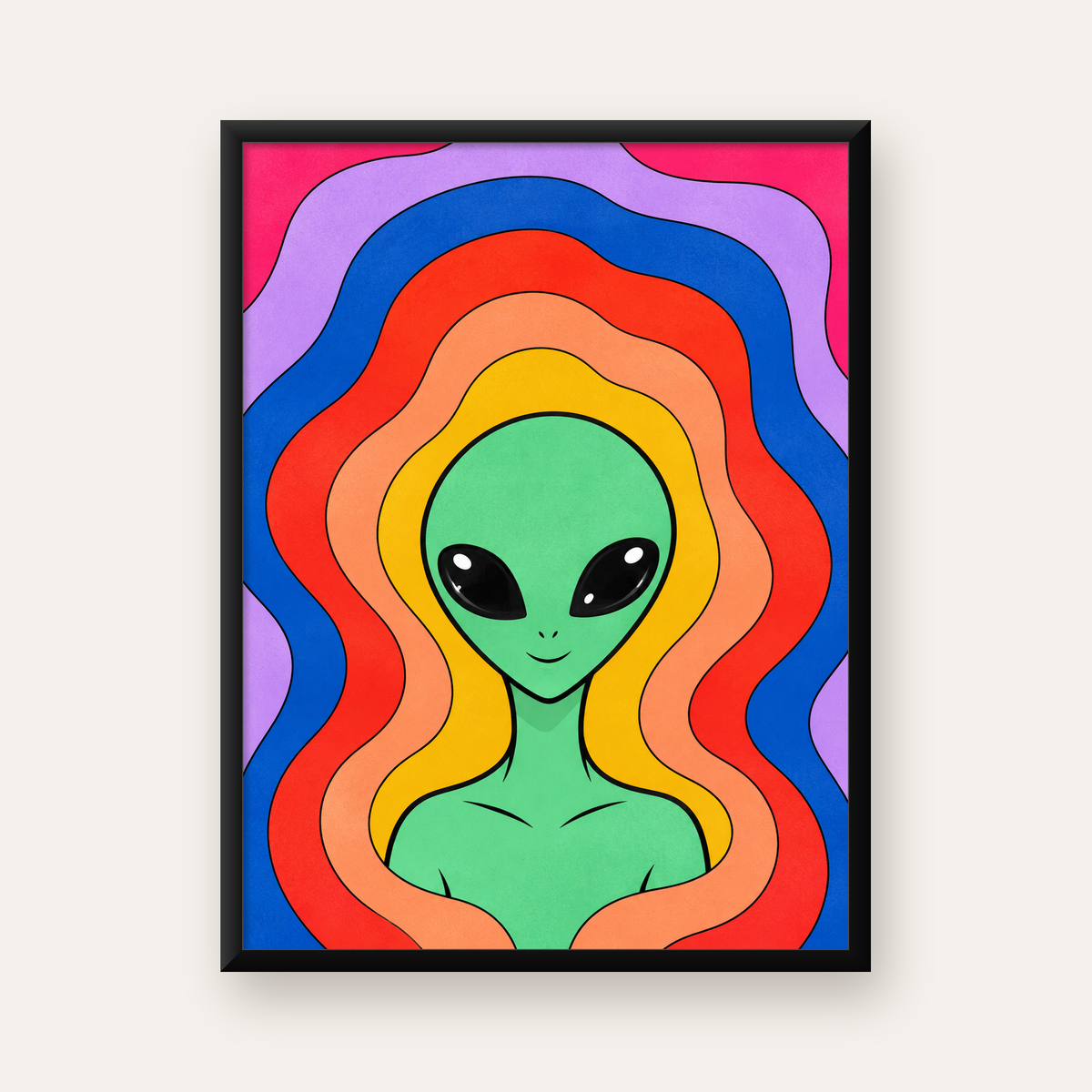 Renkli Uzaylı Portresi Dijital Poster – Modern Pop Art Tasarım — Dikey baskı, düz siyah çerçeveli duvar posteri