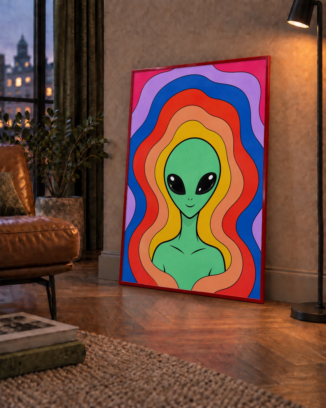 Renkli Uzaylı Portresi Dijital Poster – Modern Pop Art Tasarım — çerçeveli hâliyle bir ev duvarında