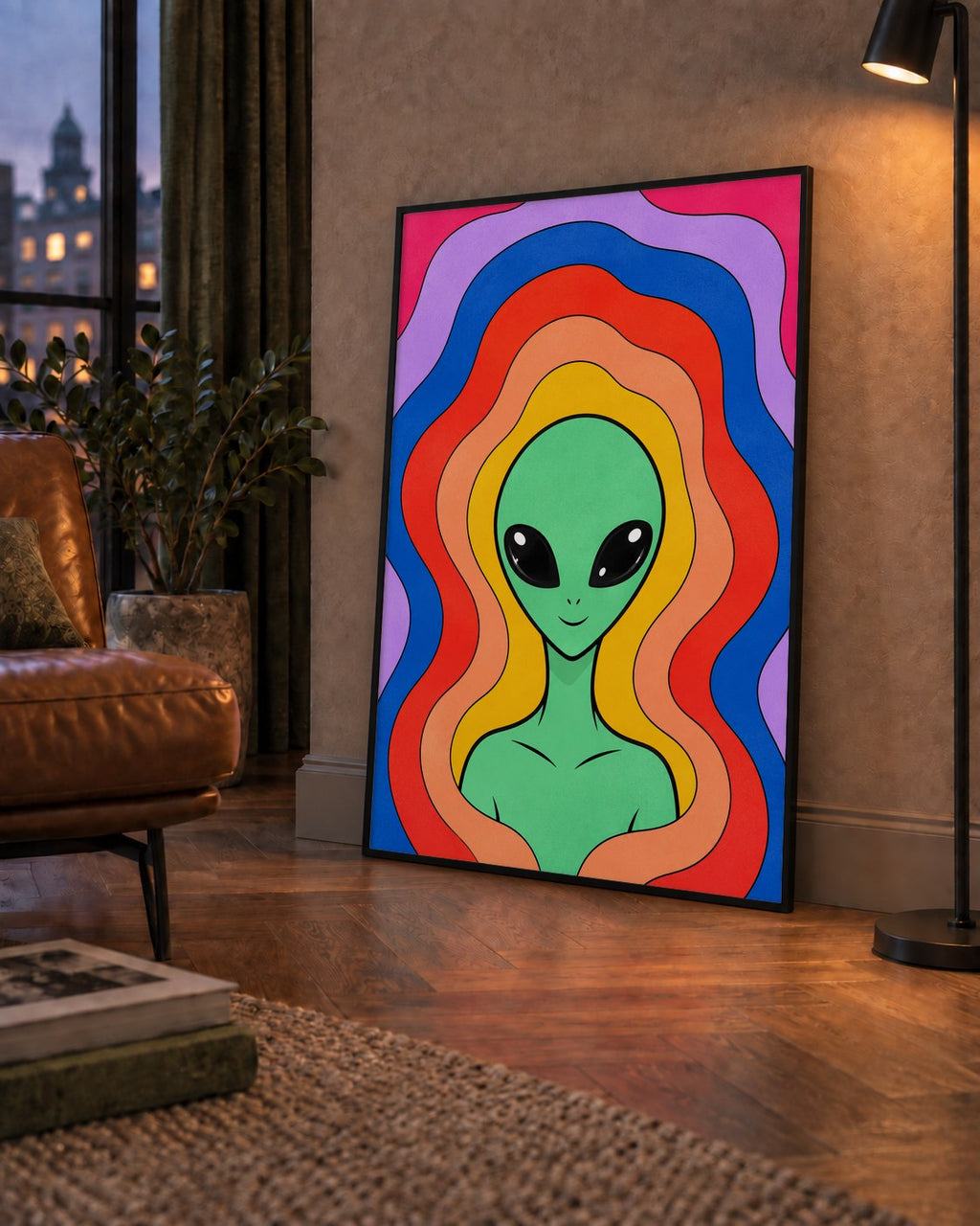 Renkli Uzaylı Portresi Dijital Poster – Modern Pop Art Tasarım — çerçeveli hâliyle bir ev duvarında