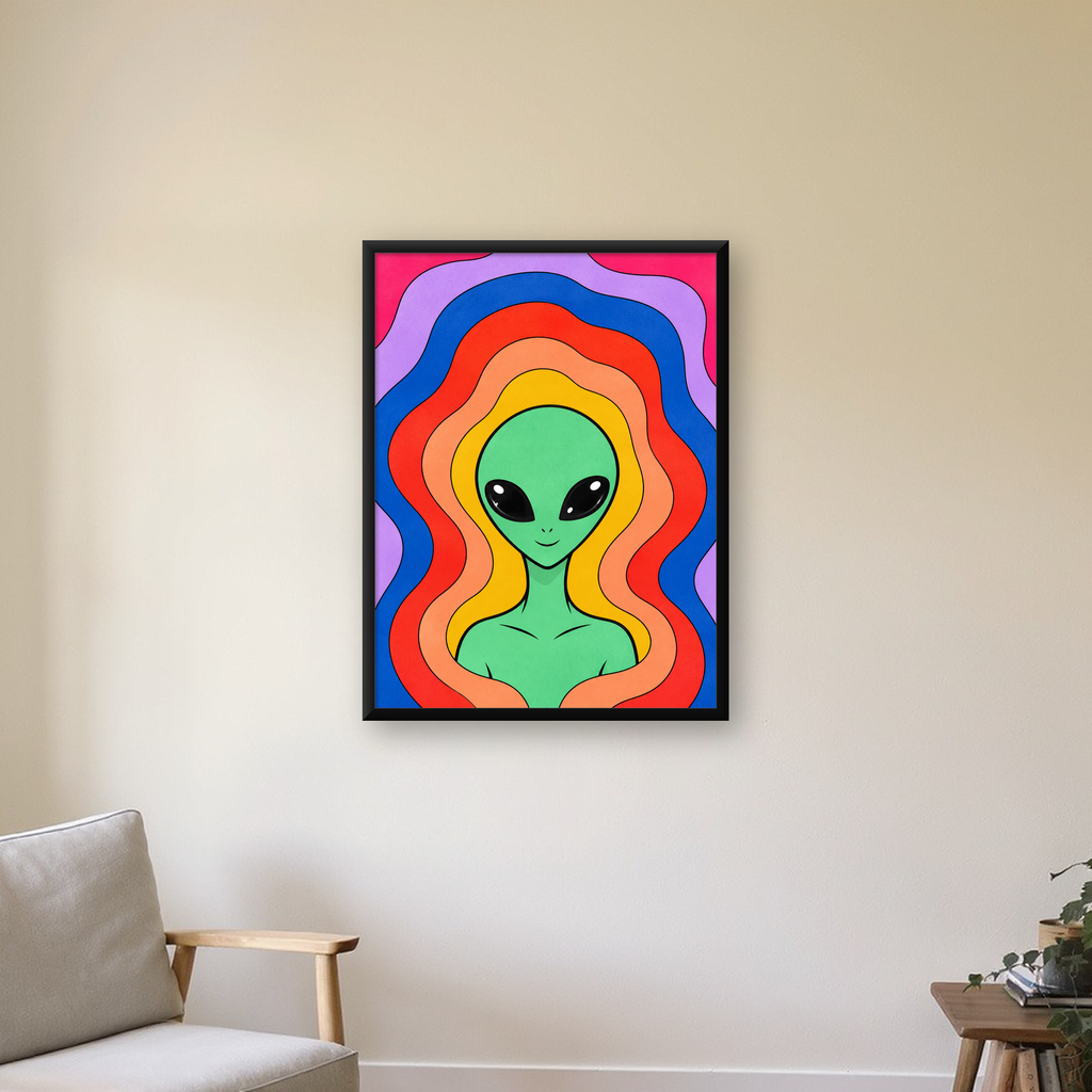 Renkli Uzaylı Portresi Dijital Poster – Modern Pop Art Tasarım — Dikey baskı, çerçeveli hâliyle bir ev duvarında