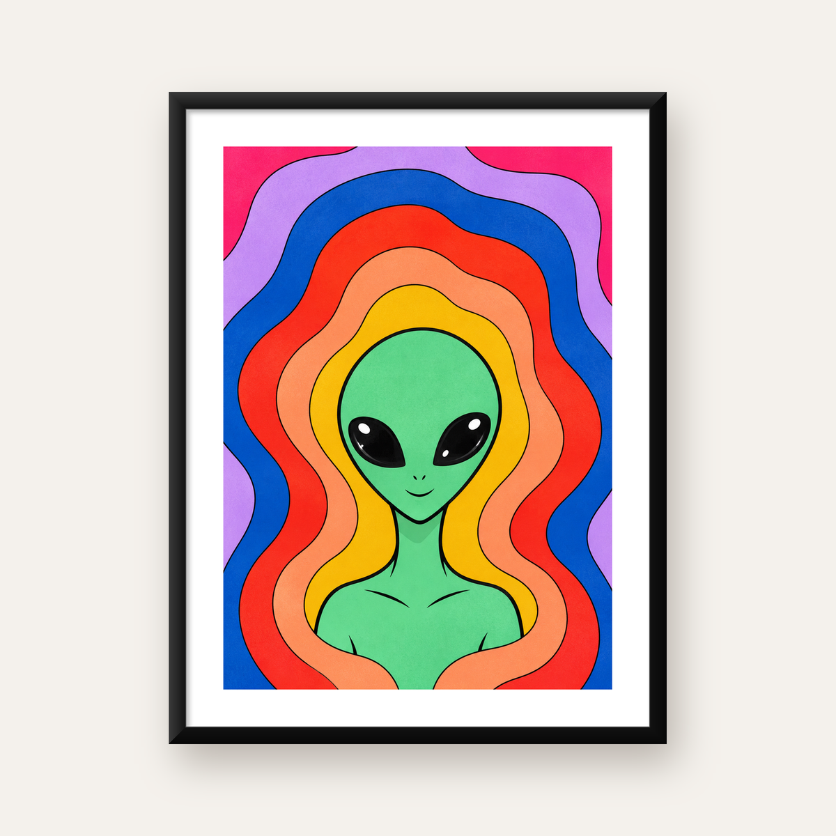 Renkli Uzaylı Portresi Dijital Poster – Modern Pop Art Tasarım — Dikey baskı, beyaz paspartulu