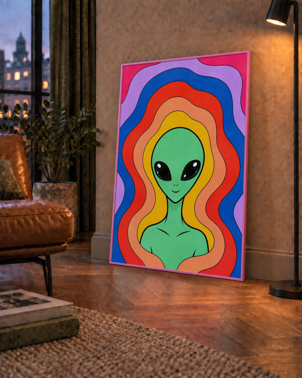 Renkli Uzaylı Portresi Dijital Poster – Modern Pop Art Tasarım — çerçeveli hâliyle bir ev duvarında