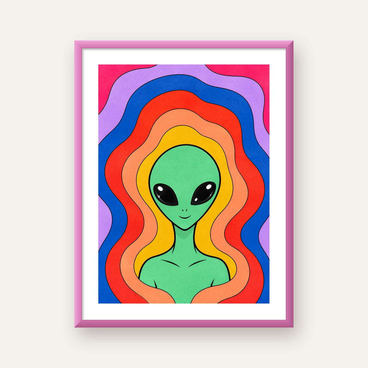 Renkli Uzaylı Portresi Dijital Poster – Modern Pop Art Tasarım — pembe çerçeveli paspartulu