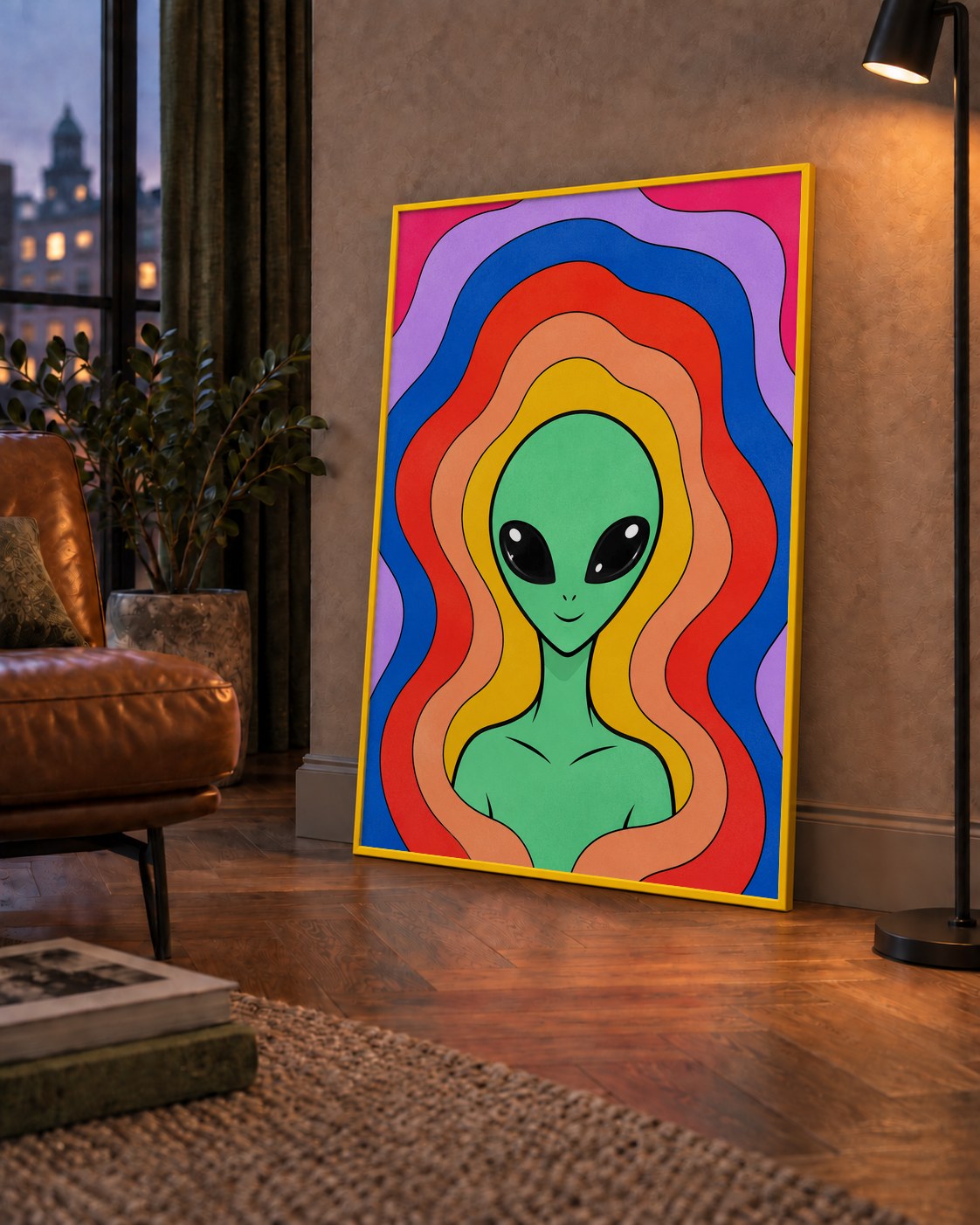 Renkli Uzaylı Portresi Dijital Poster – Modern Pop Art Tasarım — çerçeveli hâliyle bir ev duvarında