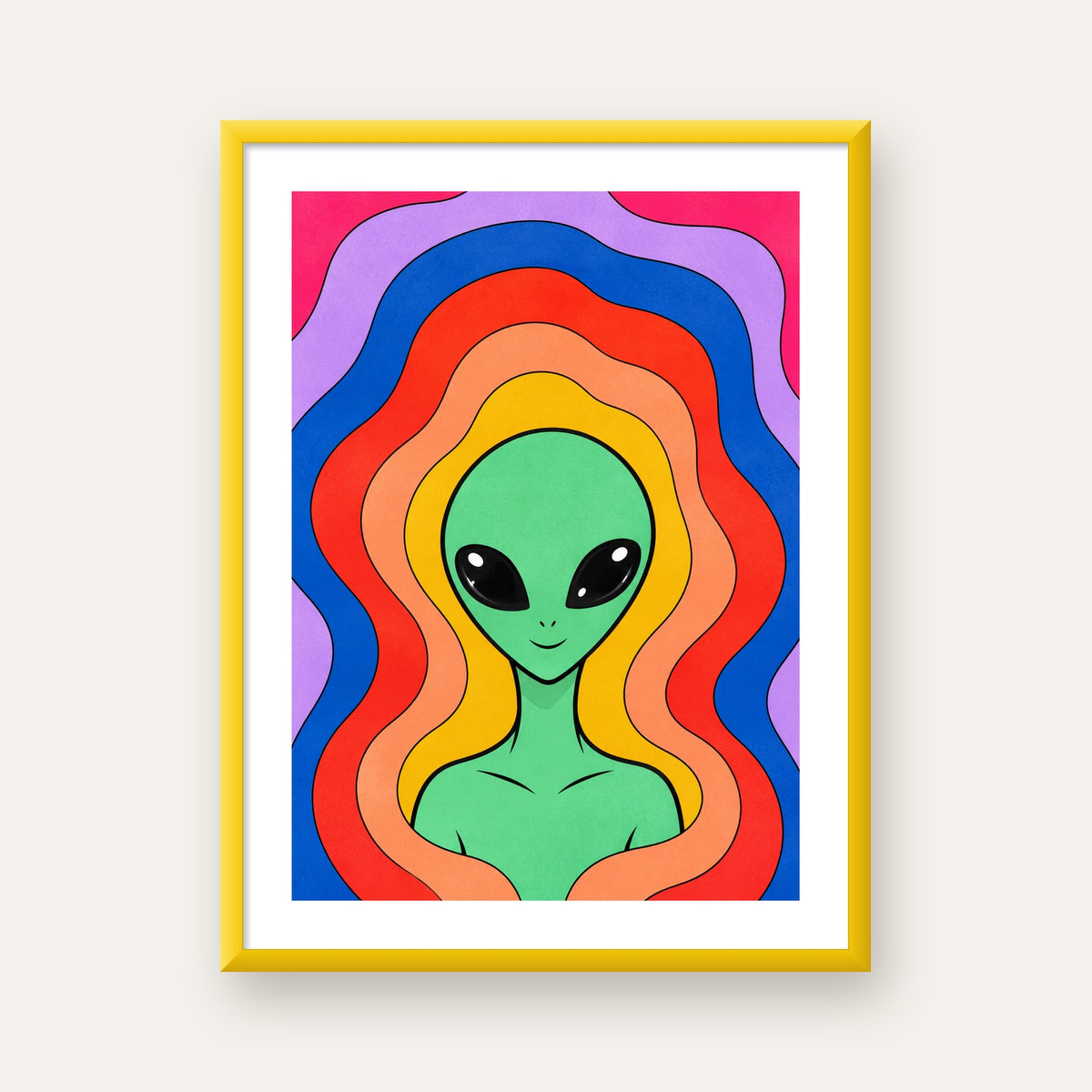Renkli Uzaylı Portresi Dijital Poster – Modern Pop Art Tasarım — sarı çerçeveli paspartulu
