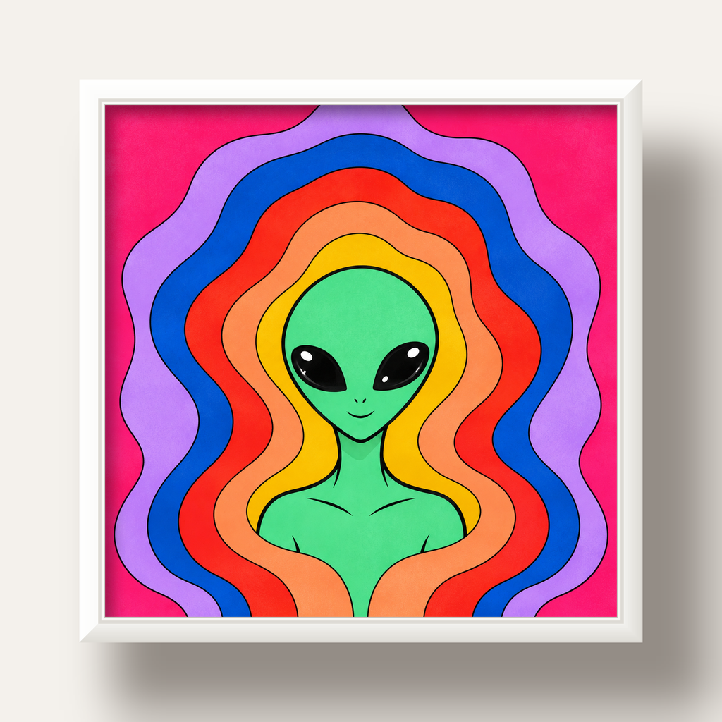 Renkli Uzaylı Portresi Dijital Poster – Modern Pop Art Tasarım — beyaz derin çerçeveli