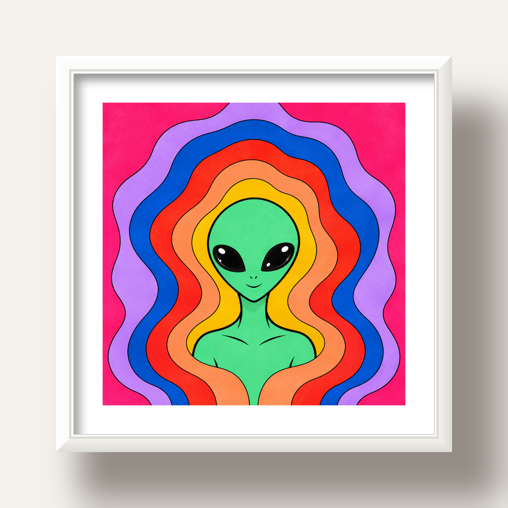 Renkli Uzaylı Portresi Dijital Poster – Modern Pop Art Tasarım — beyaz derin çerçeveli paspartulu