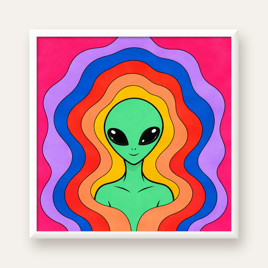 Renkli Uzaylı Portresi Dijital Poster – Modern Pop Art Tasarım — beyaz çerçeveli kare poster