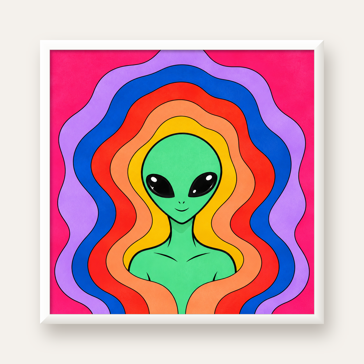 Renkli Uzaylı Portresi Dijital Poster – Modern Pop Art Tasarım — beyaz çerçeveli kare poster