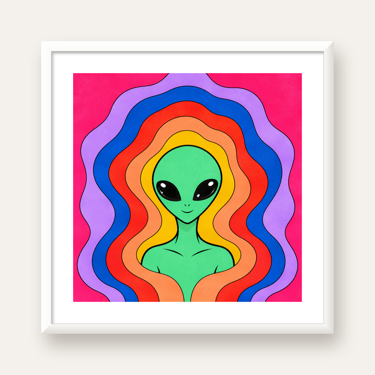 Renkli Uzaylı Portresi Dijital Poster – Modern Pop Art Tasarım — beyaz çerçeveli kare poster