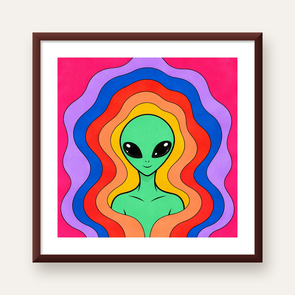 Renkli Uzaylı Portresi Dijital Poster – Modern Pop Art Tasarım — ceviz çerçeveli paspartulu