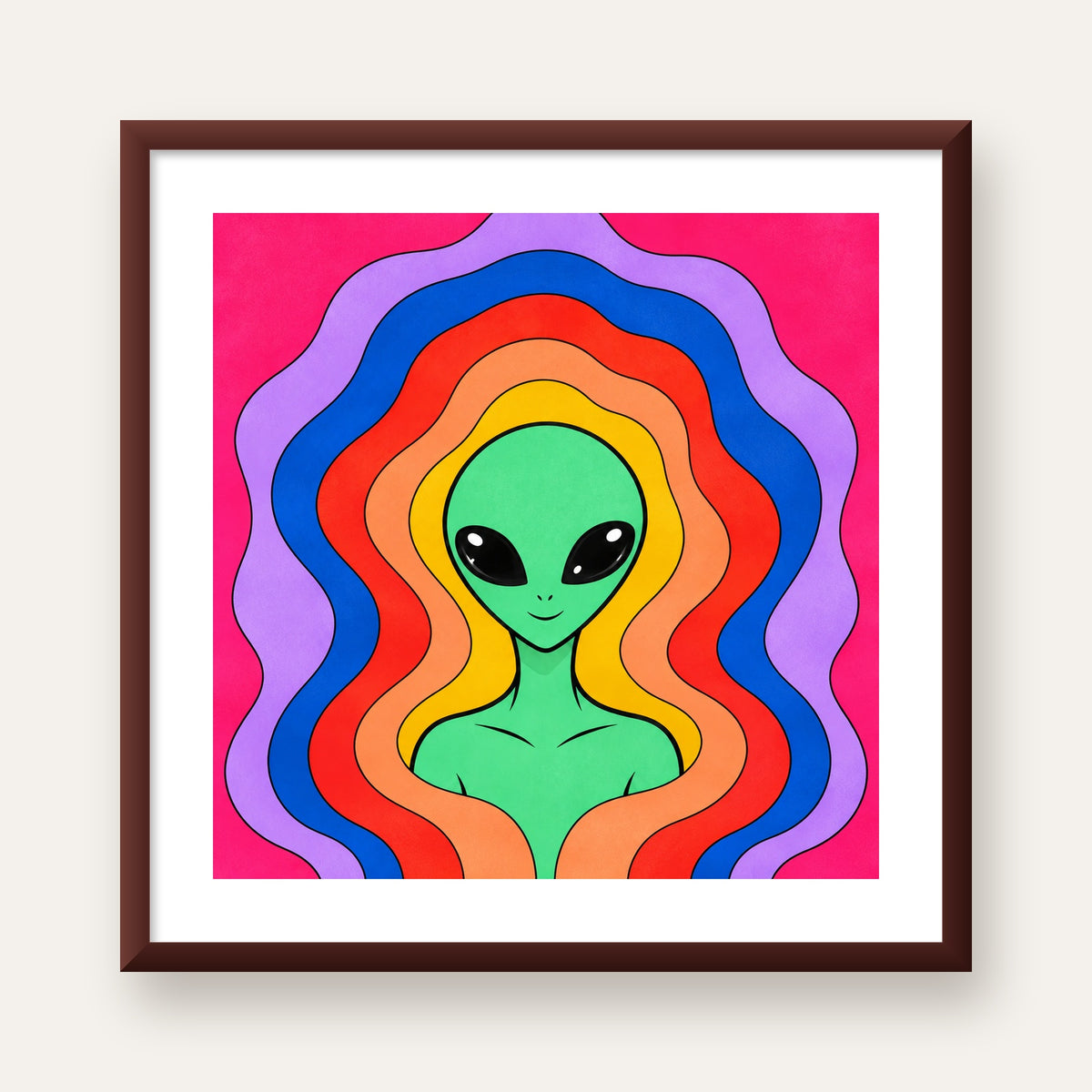 Renkli Uzaylı Portresi Dijital Poster – Modern Pop Art Tasarım — ceviz çerçeveli paspartulu