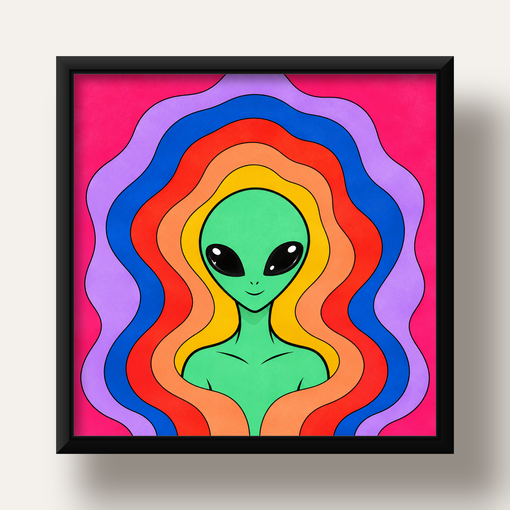 Renkli Uzaylı Portresi Dijital Poster – Modern Pop Art Tasarım — siyah derin çerçeveli