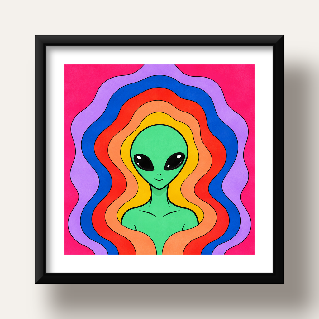 Renkli Uzaylı Portresi Dijital Poster – Modern Pop Art Tasarım — siyah derin çerçeveli paspartulu