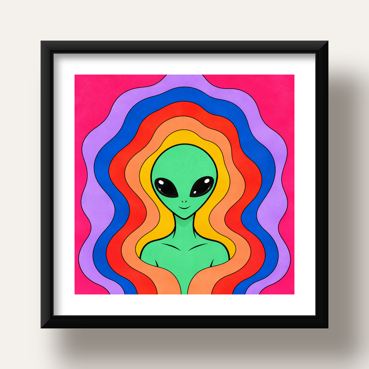 Renkli Uzaylı Portresi Dijital Poster – Modern Pop Art Tasarım — siyah derin çerçeveli paspartulu