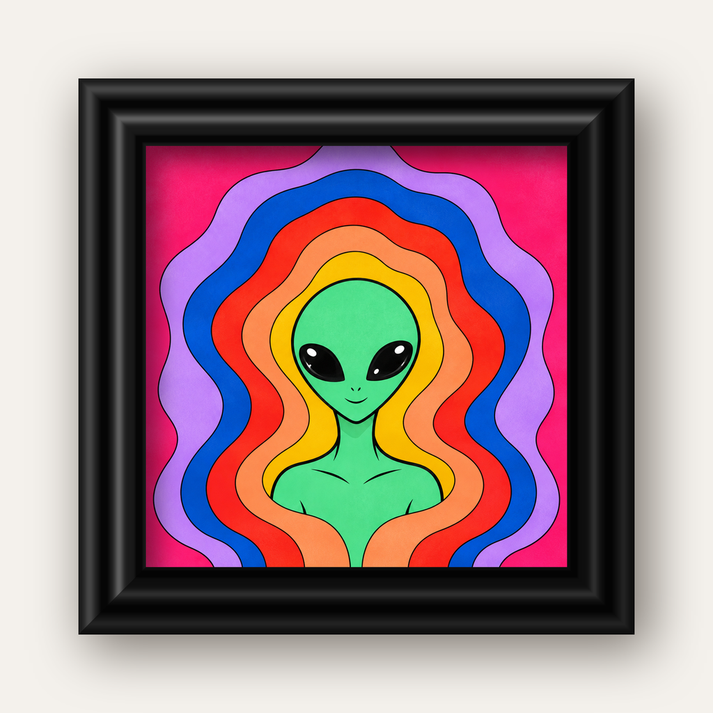 Renkli Uzaylı Portresi Dijital Poster – Modern Pop Art Tasarım — siyah galeri çerçeveli