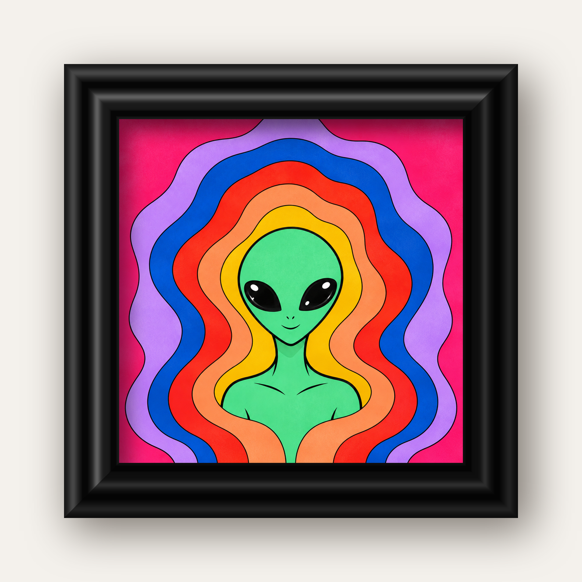 Renkli Uzaylı Portresi Dijital Poster – Modern Pop Art Tasarım — siyah galeri çerçeveli