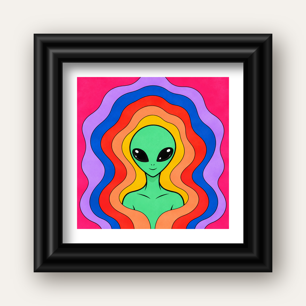 Renkli Uzaylı Portresi Dijital Poster – Modern Pop Art Tasarım — siyah galeri çerçeveli paspartulu