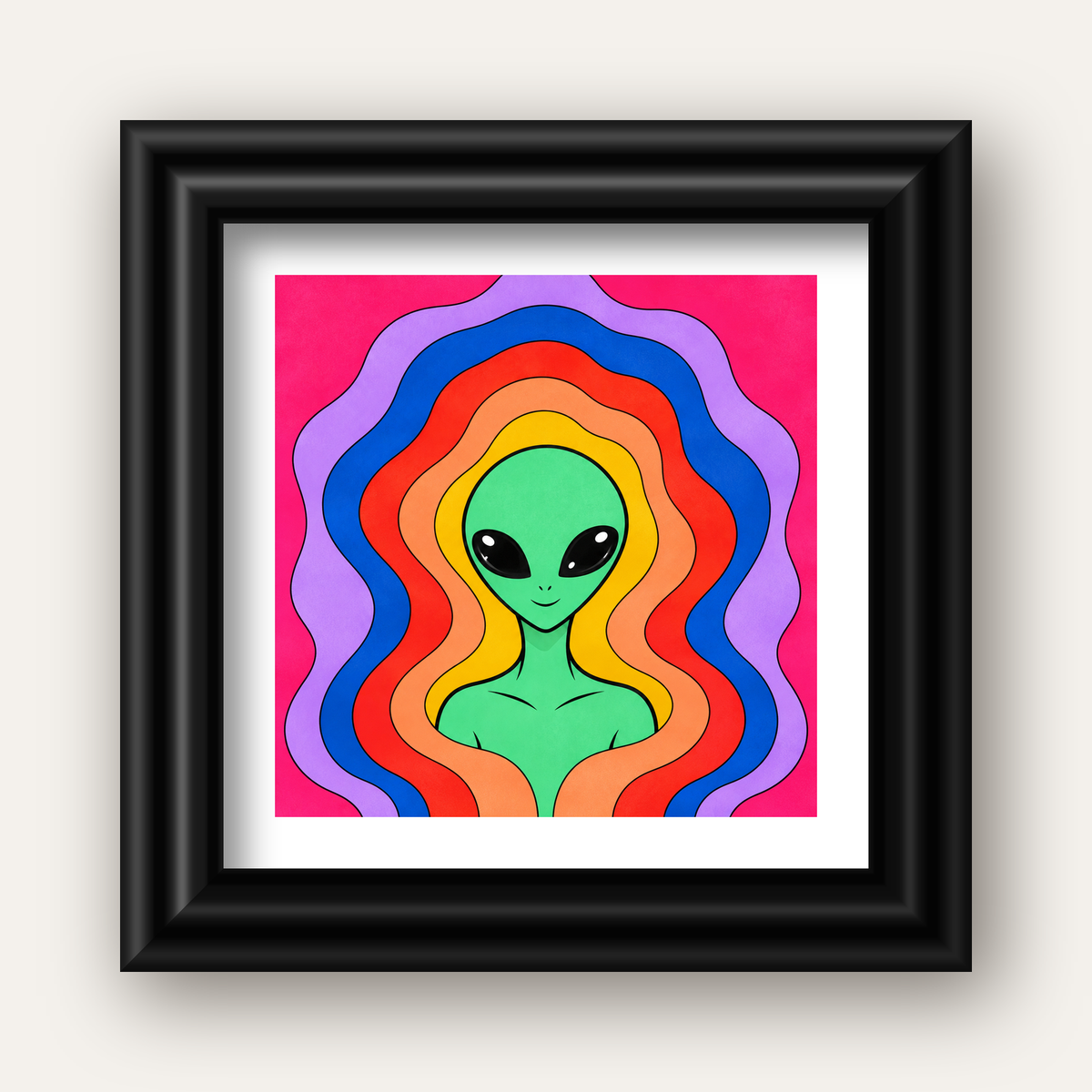 Renkli Uzaylı Portresi Dijital Poster – Modern Pop Art Tasarım — siyah galeri çerçeveli paspartulu