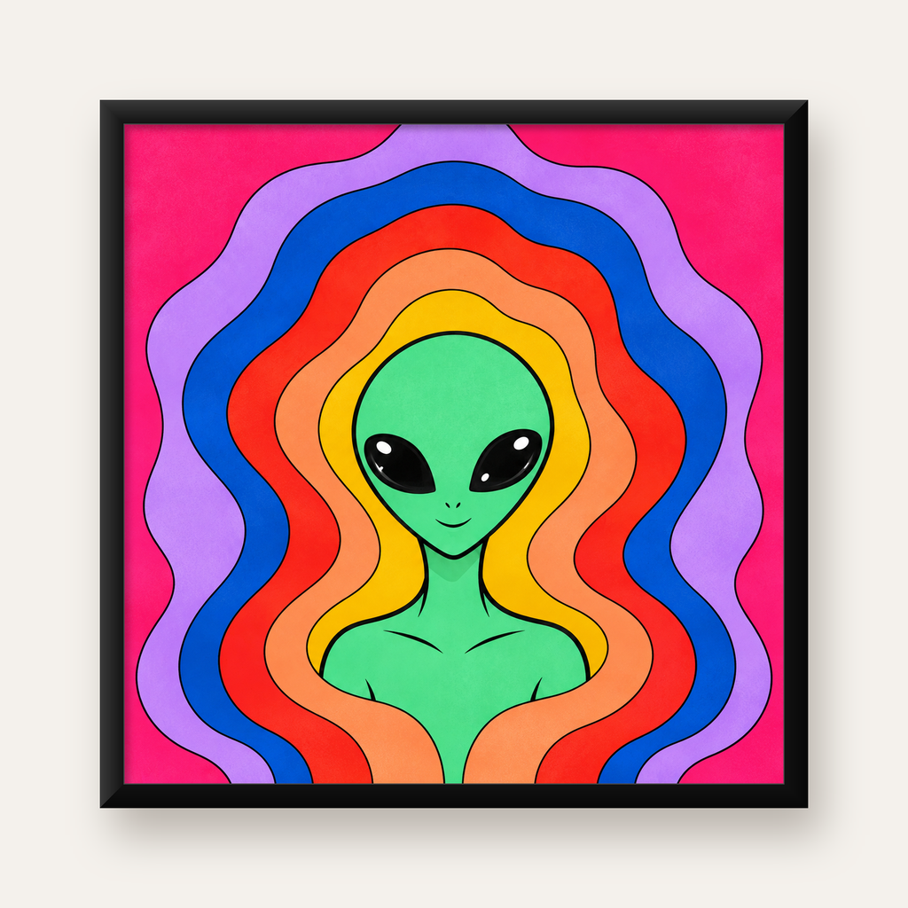 Renkli Uzaylı Portresi Dijital Poster – Modern Pop Art Tasarım — Kare baskı, düz siyah çerçeveli duvar posteri