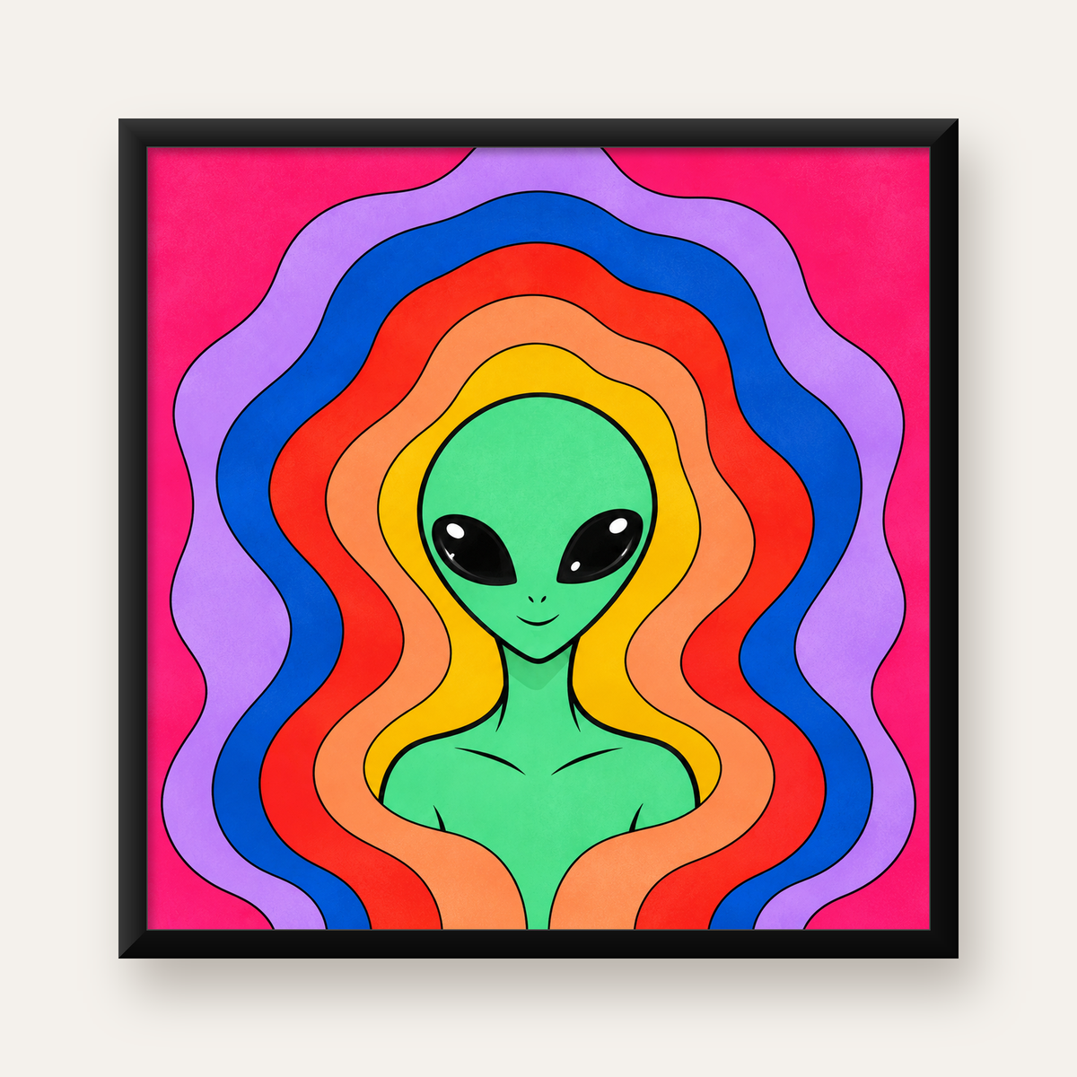 Renkli Uzaylı Portresi Dijital Poster – Modern Pop Art Tasarım — Kare baskı, düz siyah çerçeveli duvar posteri
