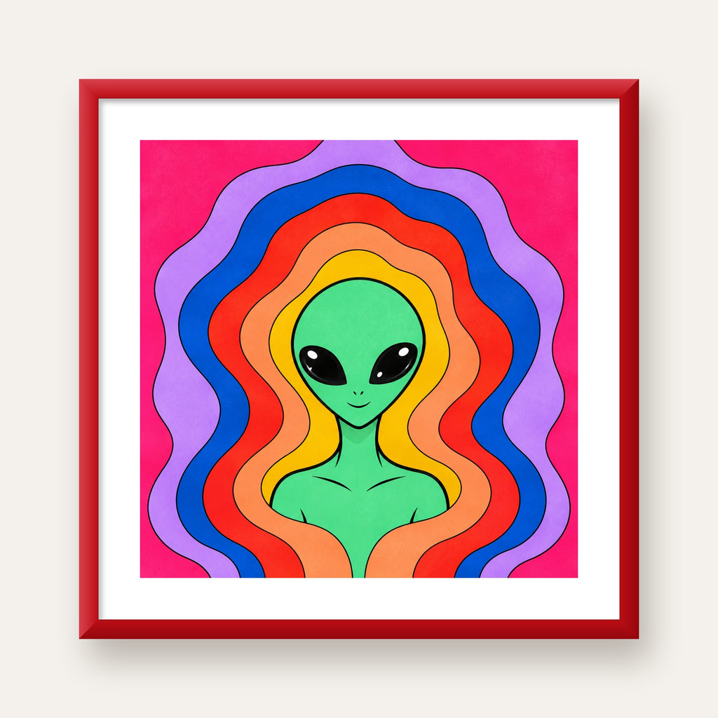 Renkli Uzaylı Portresi Dijital Poster – Modern Pop Art Tasarım — kırmızı çerçeveli paspartulu