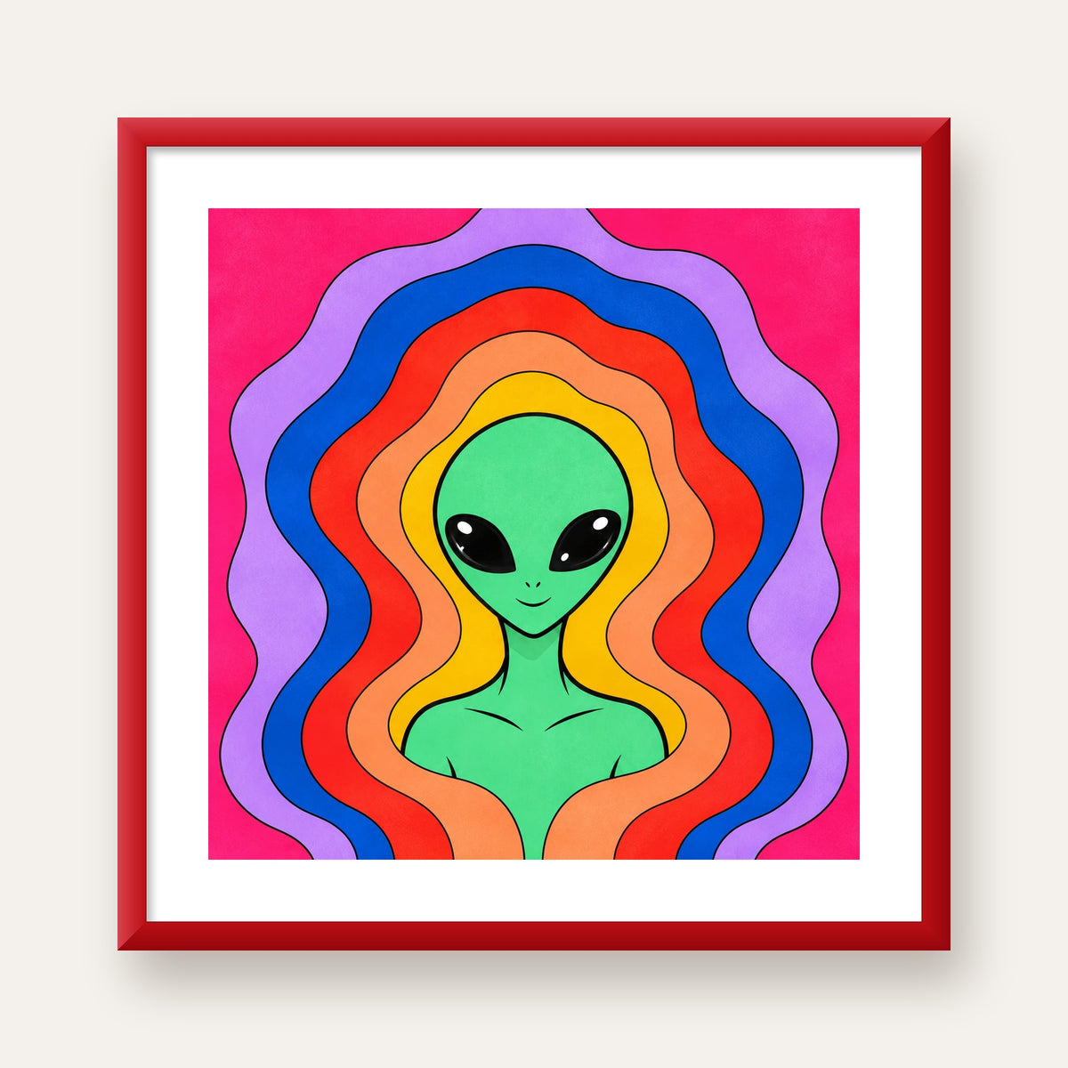 Renkli Uzaylı Portresi Dijital Poster – Modern Pop Art Tasarım — kırmızı çerçeveli paspartulu