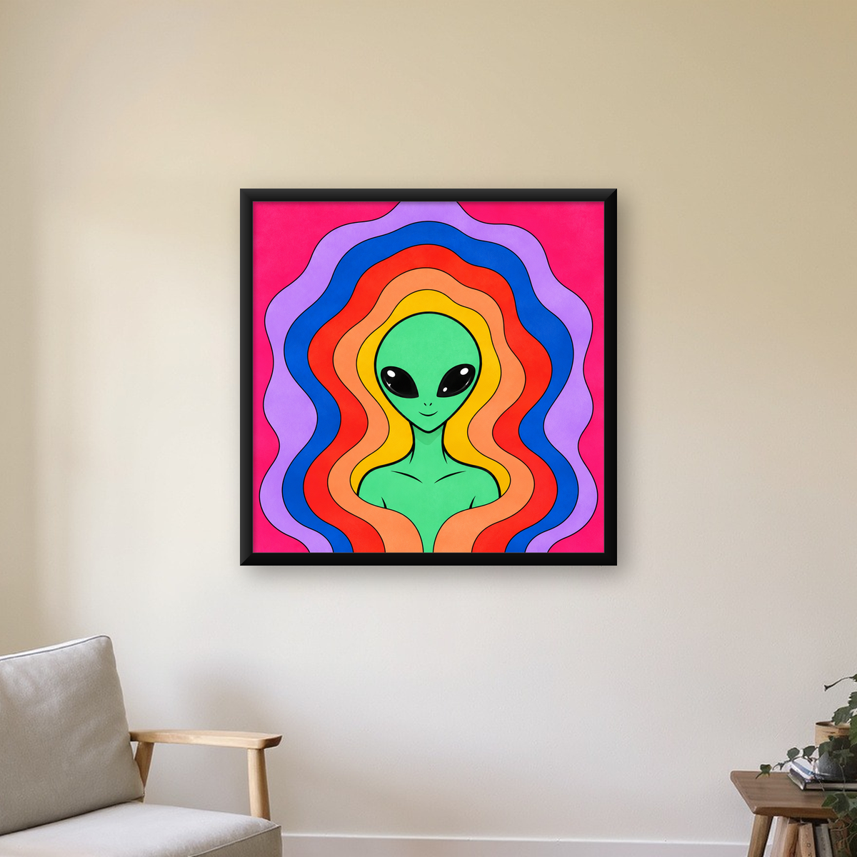 Renkli Uzaylı Portresi Dijital Poster – Modern Pop Art Tasarım — Kare baskı, çerçeveli hâliyle bir ev duvarında