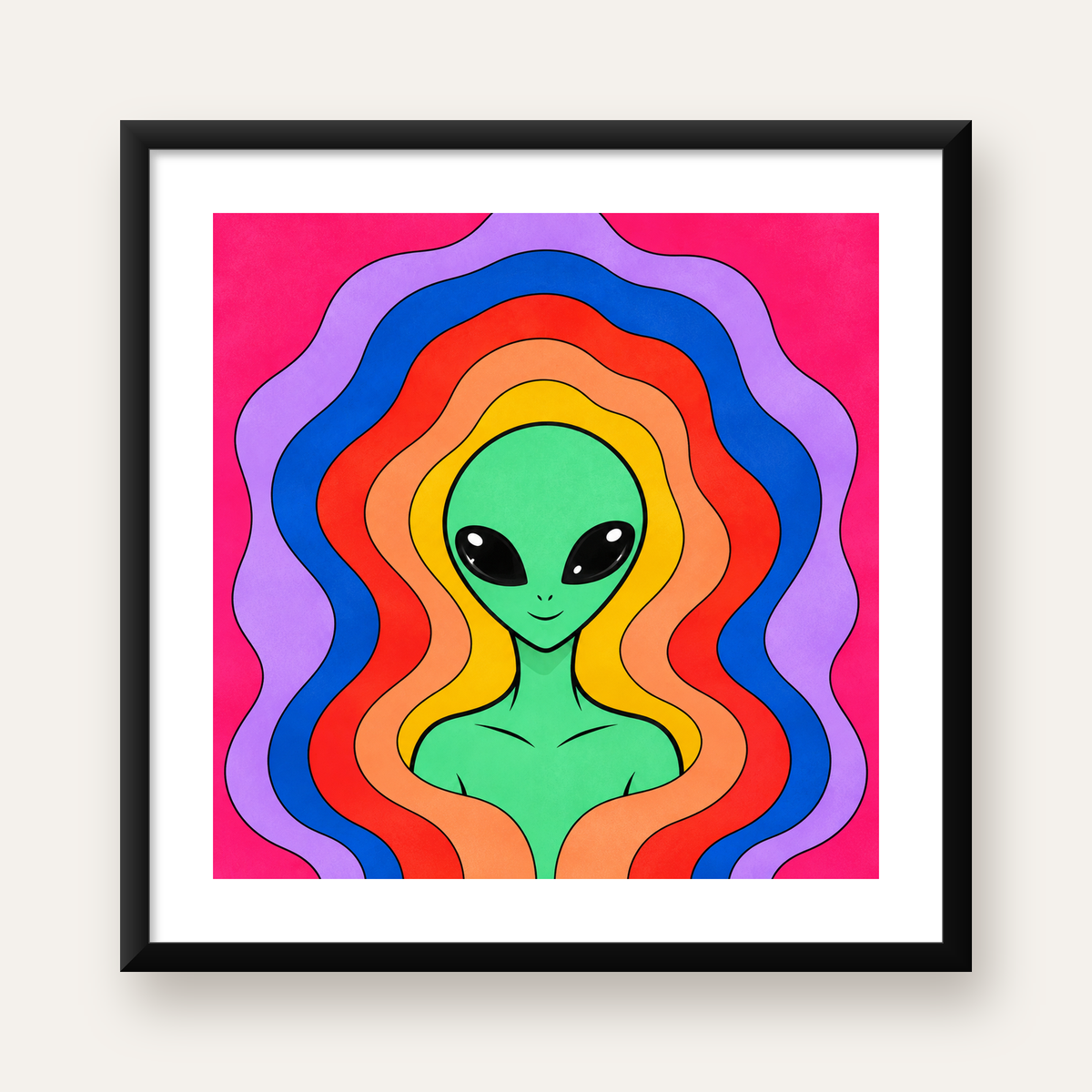 Renkli Uzaylı Portresi Dijital Poster – Modern Pop Art Tasarım — Kare baskı, beyaz paspartulu
