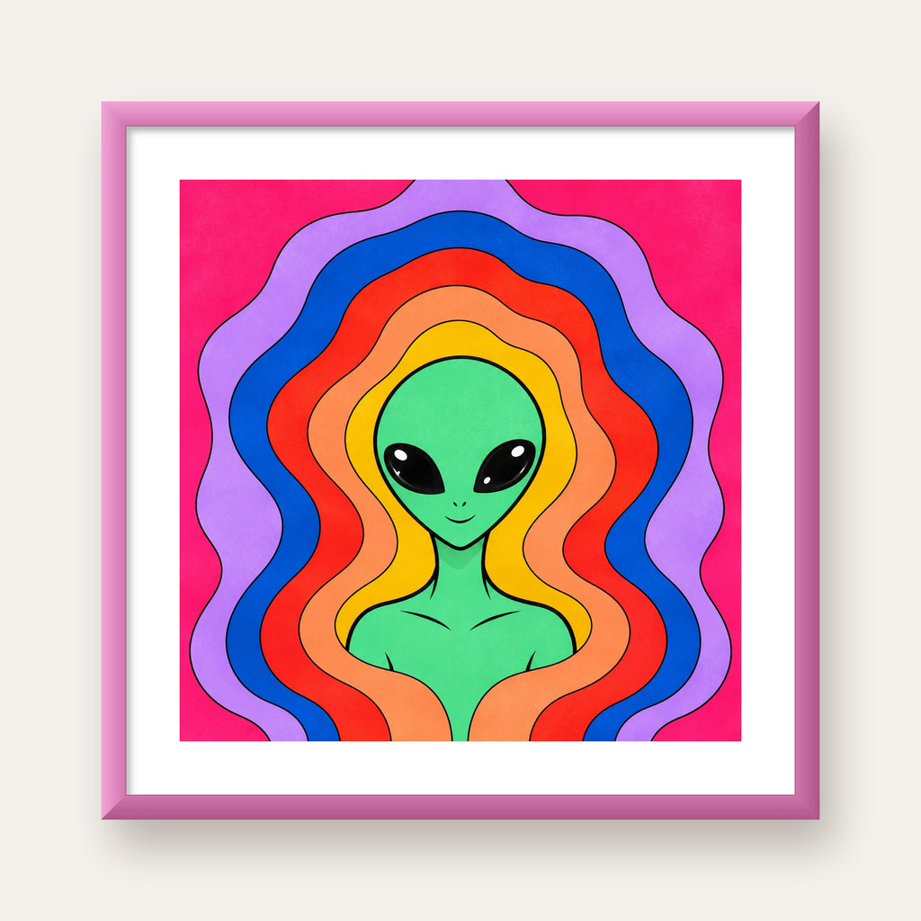 Renkli Uzaylı Portresi Dijital Poster – Modern Pop Art Tasarım — pembe çerçeveli paspartulu