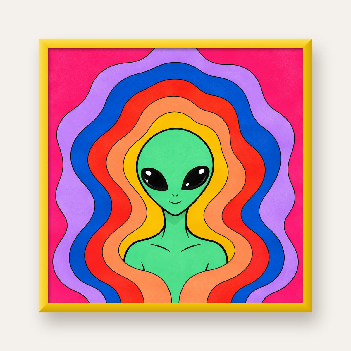Renkli Uzaylı Portresi Dijital Poster – Modern Pop Art Tasarım — sarı çerçeveli